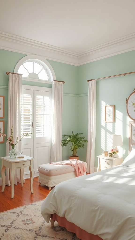 A serene bedroom featuring a soft pastel color palette with light green walls and blush accents