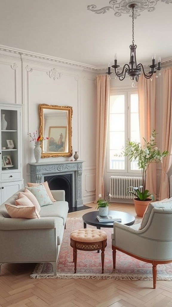 A beautifully decorated Parisian living room featuring soft pastels, elegant furniture, a cozy atmosphere, and natural light.