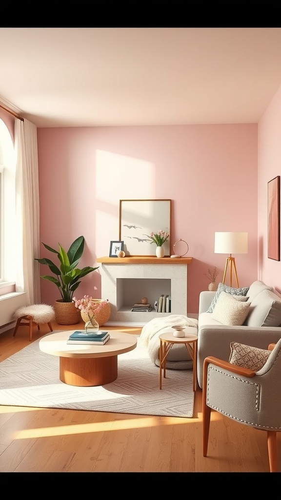 A pastel living room featuring a soft pink accent wall, natural wood furniture, and cozy decor.