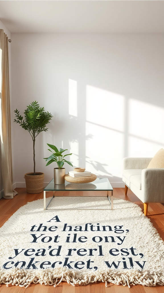 A cozy living room featuring a soft, decorative rug with text, a glass coffee table, a small plant, and a comfortable chair.