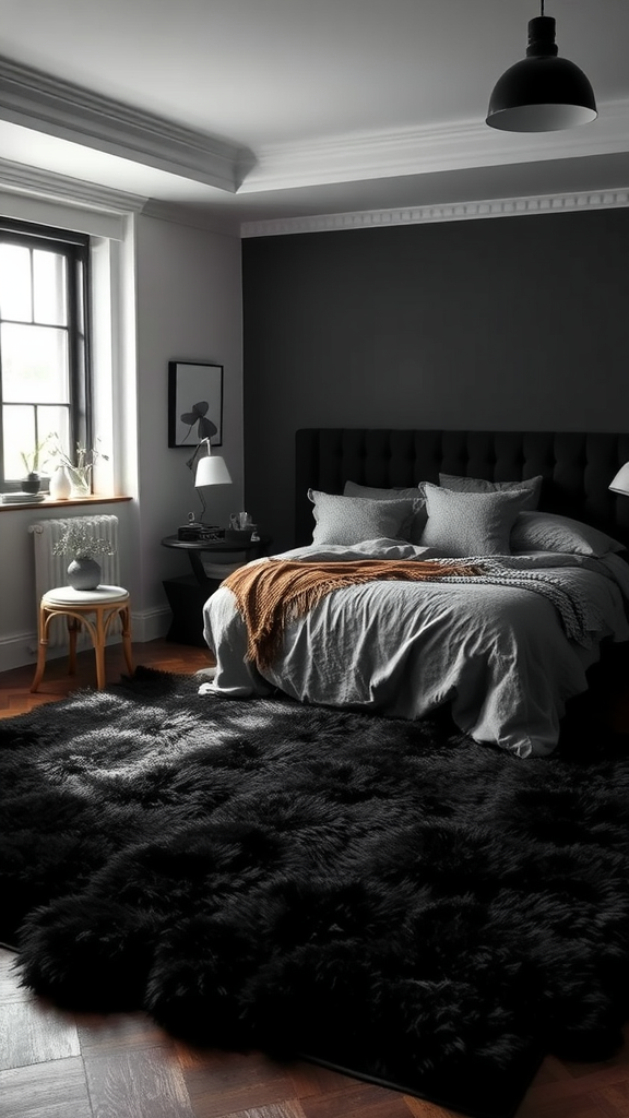 A cozy bedroom featuring a plush black rug, a gray bedspread, and warm lighting.