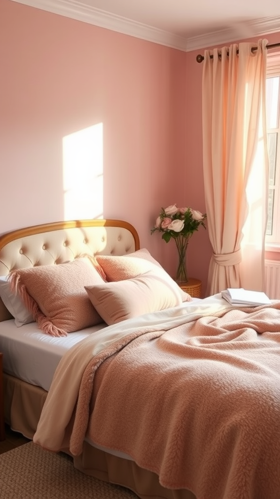 A cozy bedroom with soft pink textiles, including pillows and a blanket, enhancing the inviting atmosphere.