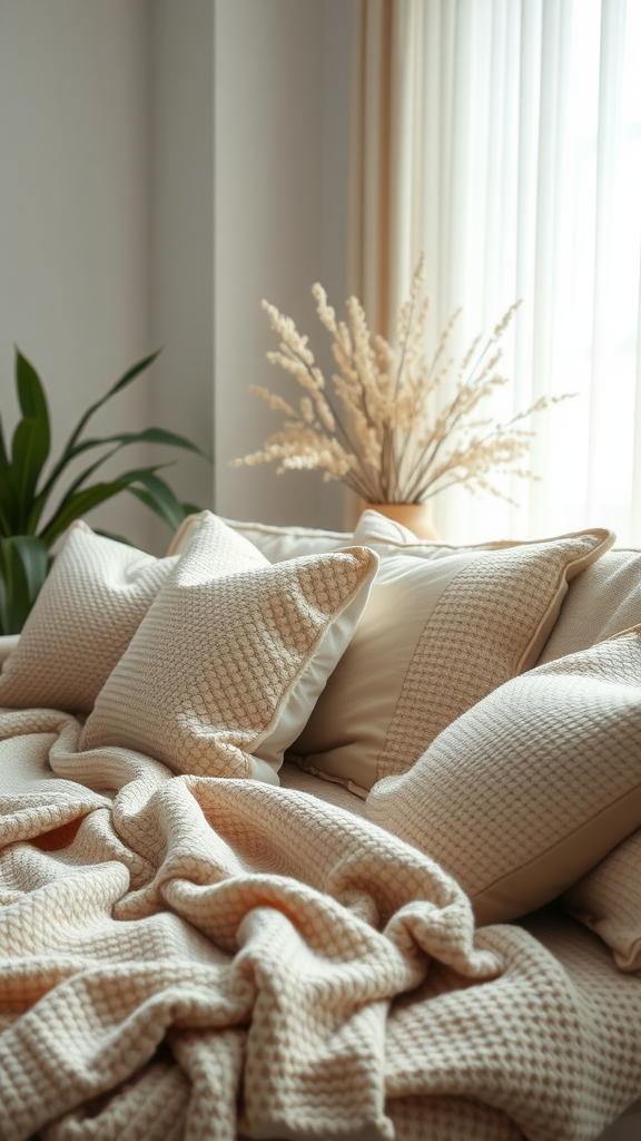 A cozy living room setup featuring soft textured pillows and a blanket.