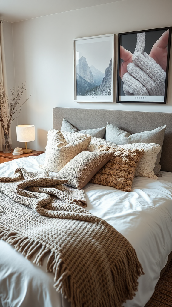 A cozy modern bedroom featuring soft textured throws and pillows on a bed.