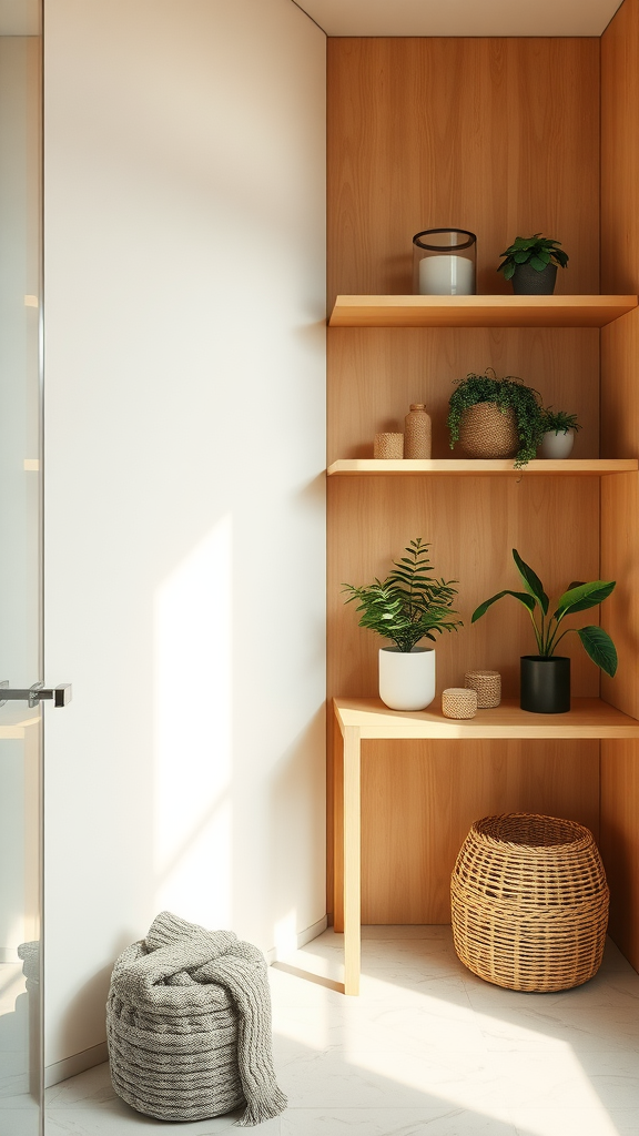 A bathroom corner featuring soft warm wood shelving with plants and decorative items.