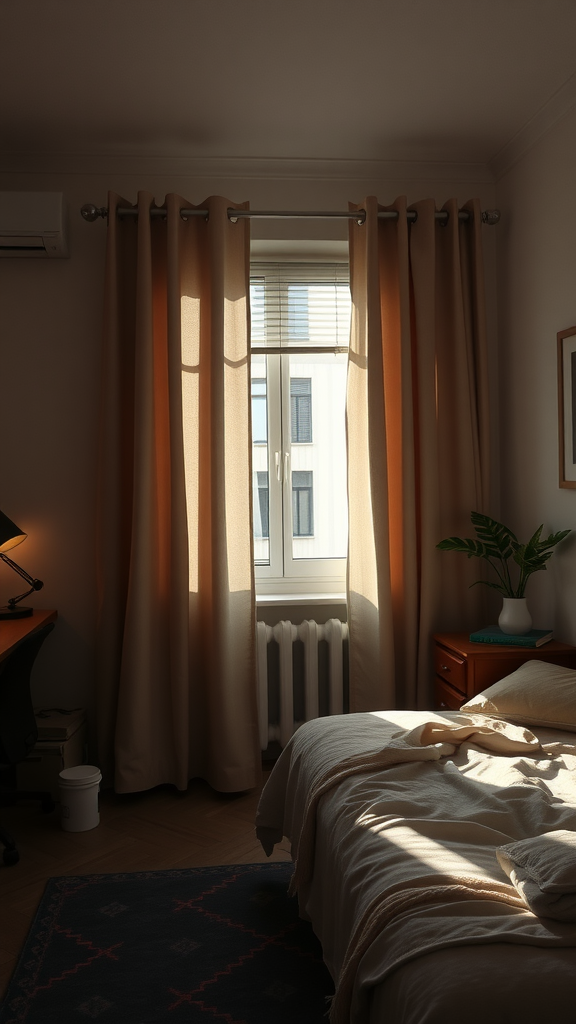 A cozy dorm room with soft curtains and warm lighting