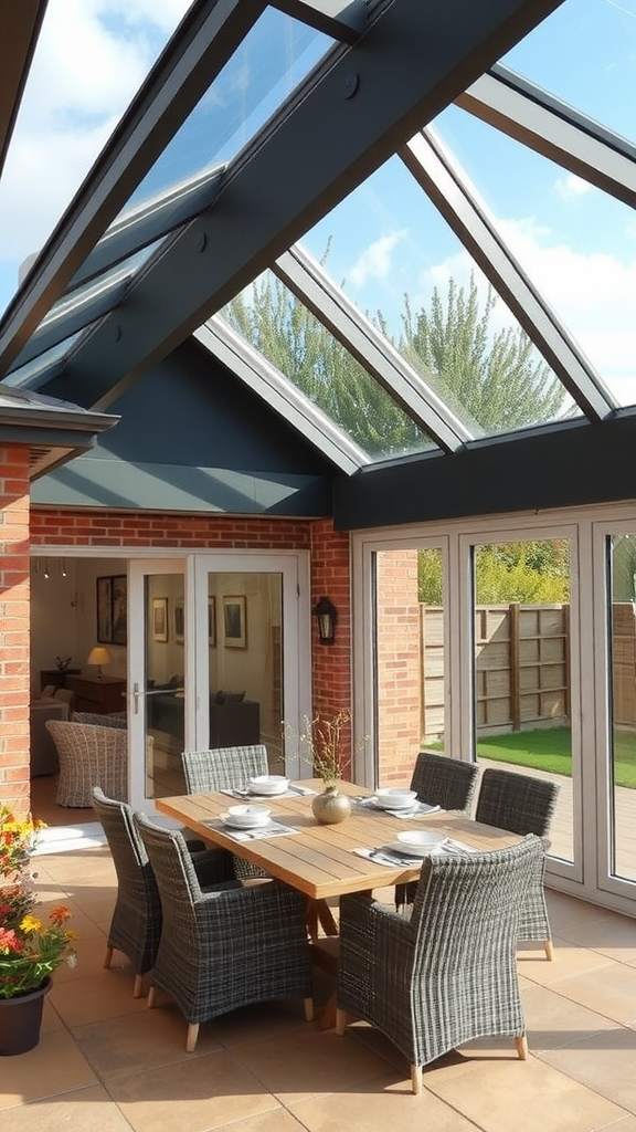 Interior of a room with a solid roof featuring skylights, dining table, and chairs.