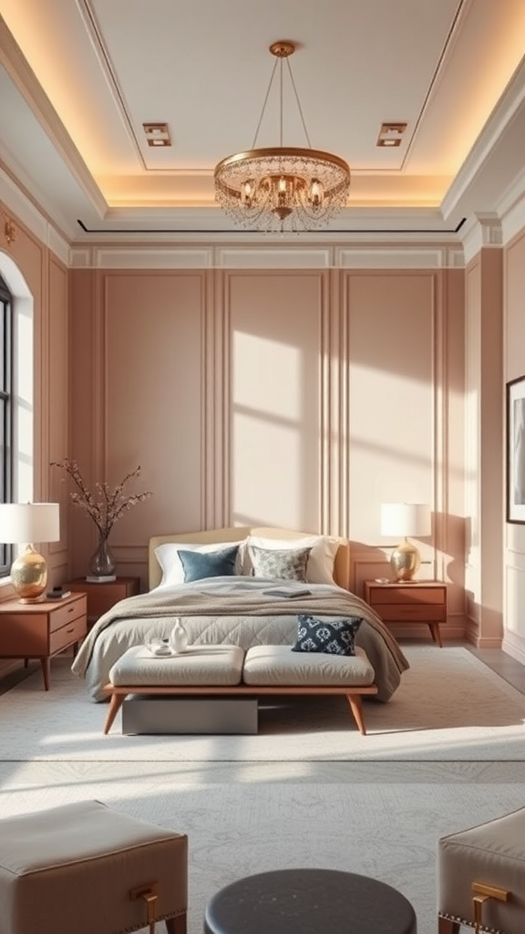 A luxury master bedroom featuring soft pastel colors and elegant furnishings.