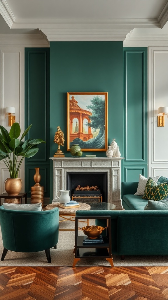 Living room with forest green walls and gold decorative accents