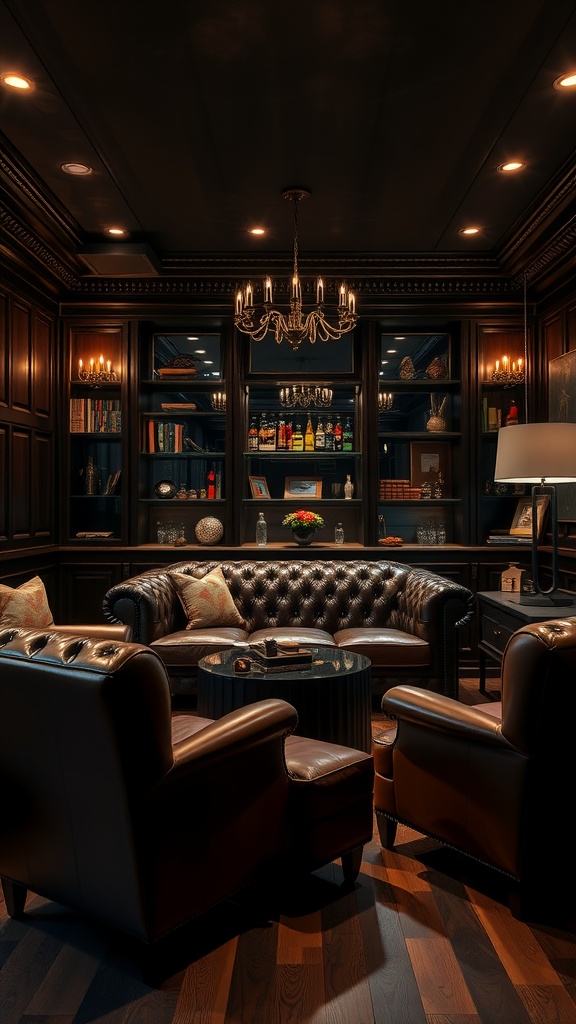 A sophisticated man cave featuring leather seating and elegant decor.