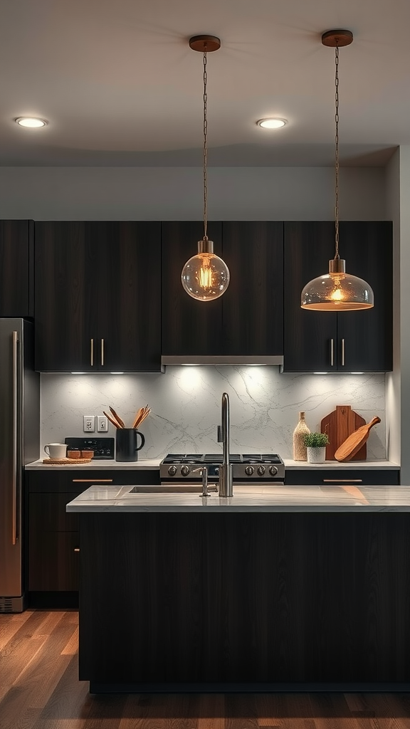 A modern kitchen featuring espresso cabinets and stylish pendant lighting.