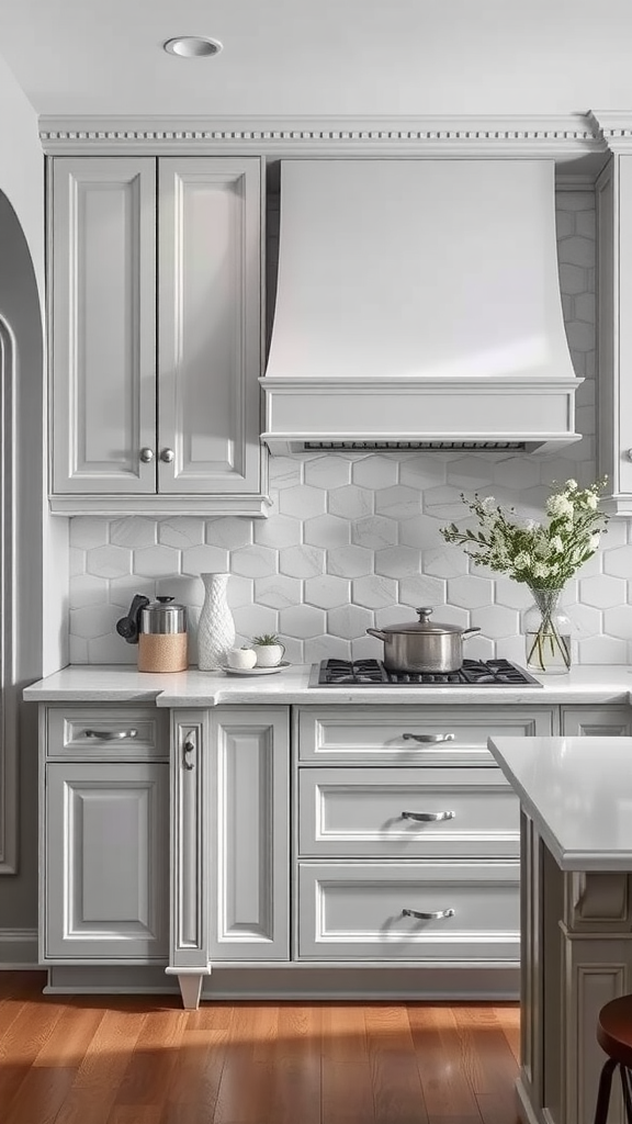 A modern kitchen featuring light gray cabinets, white countertops, and stainless steel appliances.