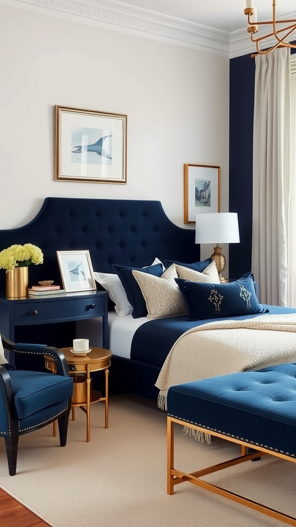 A beautifully decorated bedroom featuring navy and gold accents.