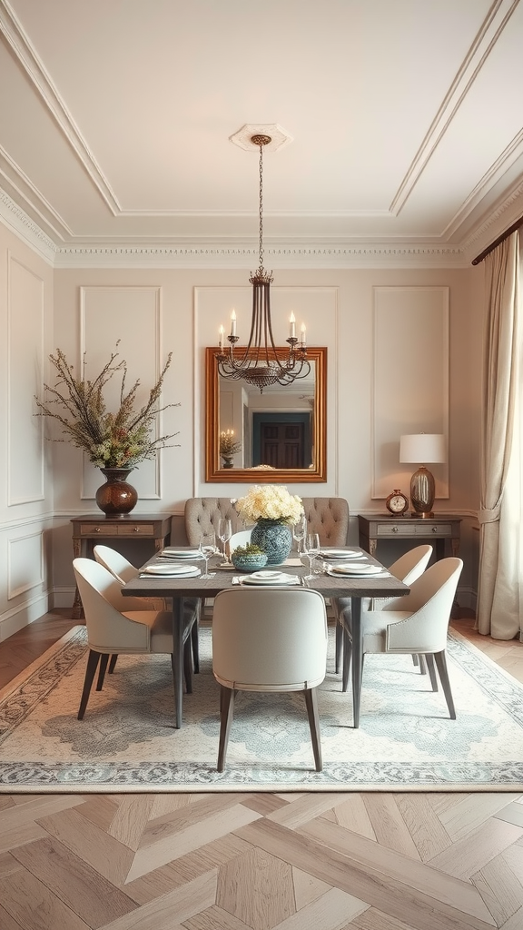 Elegant dining room with neutral colors, wooden table, and soft decor.