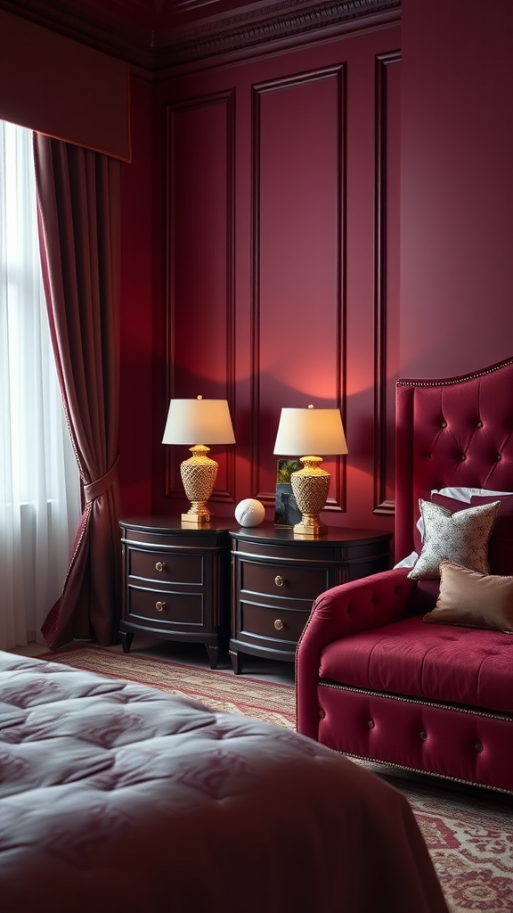 A luxurious burgundy bedroom featuring elegant nightstands, warm lighting, and rich textures.