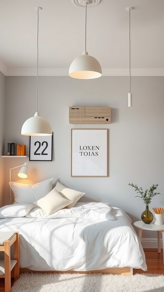 A bright dorm room featuring white lighting fixtures, a cozy bed with white bedding, and a minimalist design.