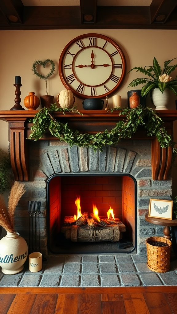 A beautifully decorated southern style fireplace with a wooden mantel, plants, and candles.