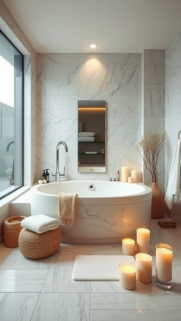 A modern luxury bathroom featuring a spacious tub, candles, and soft textures for a spa-like atmosphere.