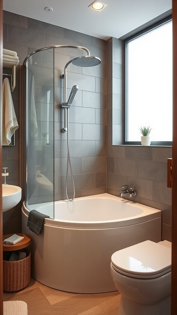 A modern small space bathroom featuring a space-saving bathtub with a shower.