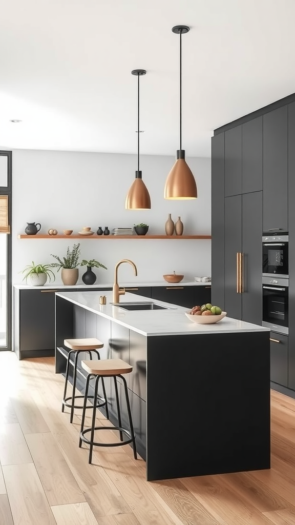 A modern narrow kitchen island with two stools and a sleek design.