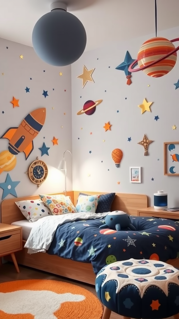 A cozy children's room decorated with space-themed elements such as rockets, planets, and stars.