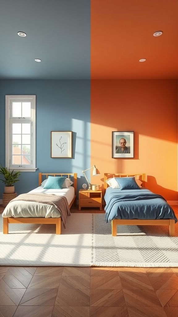 A bedroom with a split color scheme featuring blue and orange walls, two beds, and decorative elements.