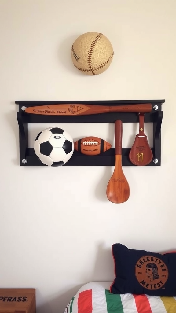 Wall-mounted display with a soccer ball, football, baseball, and sports equipment.