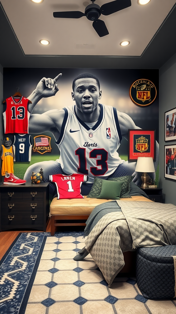 A sports-themed room featuring jerseys, wall art, and decor reflecting a passionate fan's lifestyle.