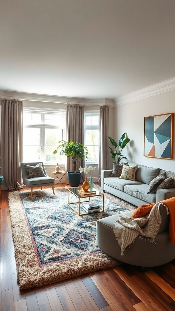 Cozy living room with a stylish area rug, seating, and natural light.