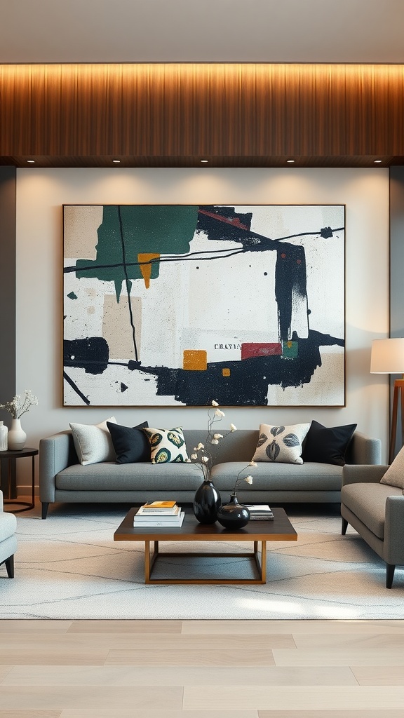 A modern living room featuring a large abstract art piece above a sleek, minimalistic couch.