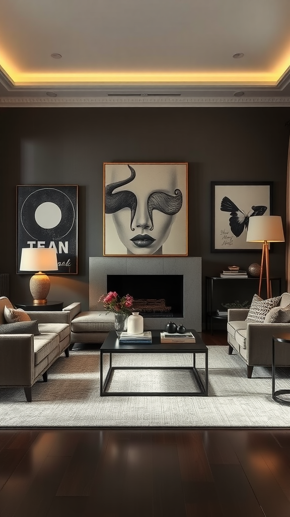 A stylish living room featuring bold art pieces, elegant furniture, and warm lighting.