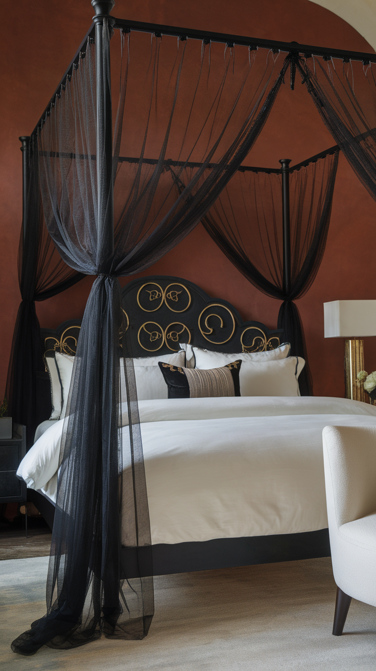 A stylish black canopy bed with sheer drapes against a rust-colored wall.