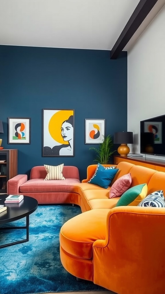 A vibrant living room featuring colorful furniture, including a yellow chair, pink couch, and blue wall.