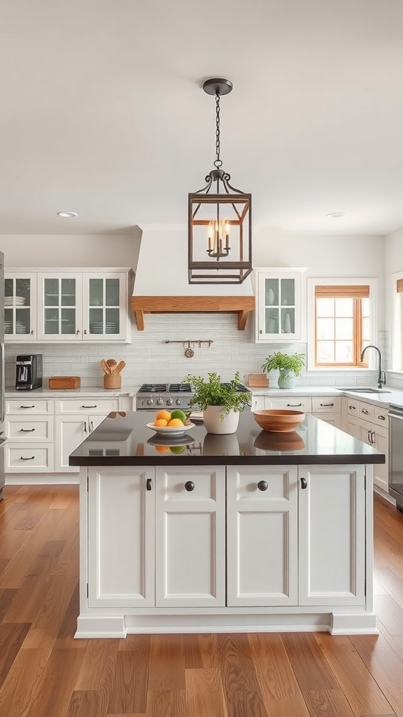 A bright farmhouse kitchen with a wooden island and a large lantern-style pendant light hanging above.