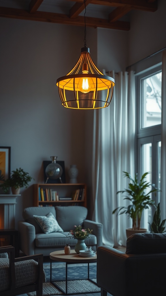 Cozy living room with a stylish pendant light fixture.