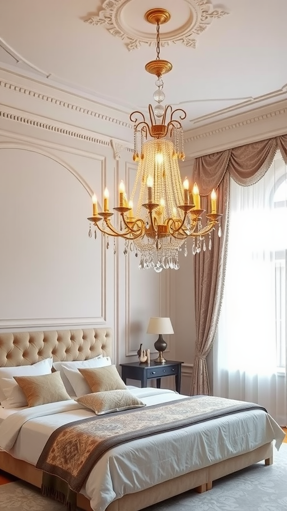 A beautifully designed chandelier hangs above a stylish bed, enhancing the elegance of the bedroom.