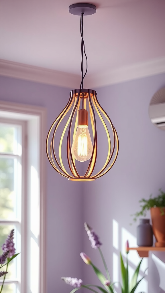 A stylish pendant light with an open design hanging in a bright room with purple walls and plants.