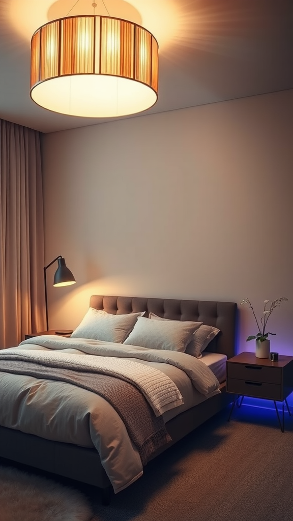 Stylish bedroom with a large statement lighting fixture above the bed and a floor lamp beside it.