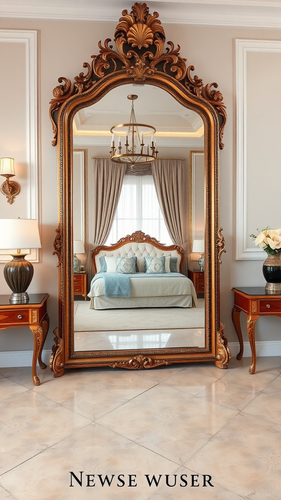 A luxurious master bedroom featuring a large ornate mirror, with elegant furnishings and soft color tones.