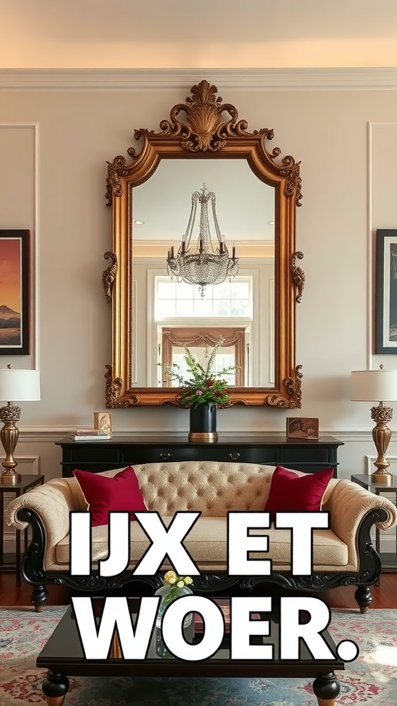 A large ornate mirror above a couch in a stylish living room