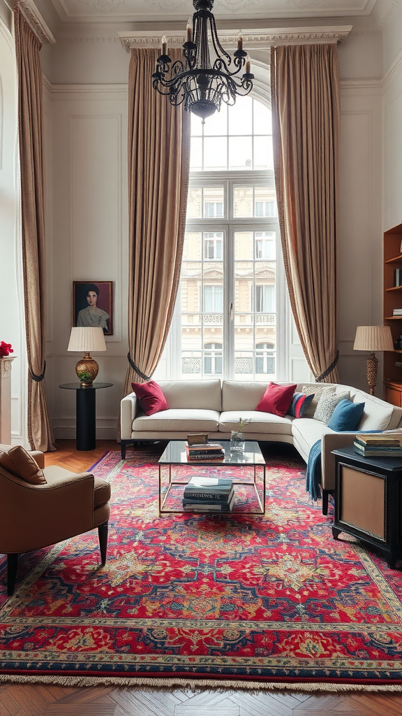 Luxurious Parisian living room with a vibrant statement rug, elegant furnishings, and large windows.