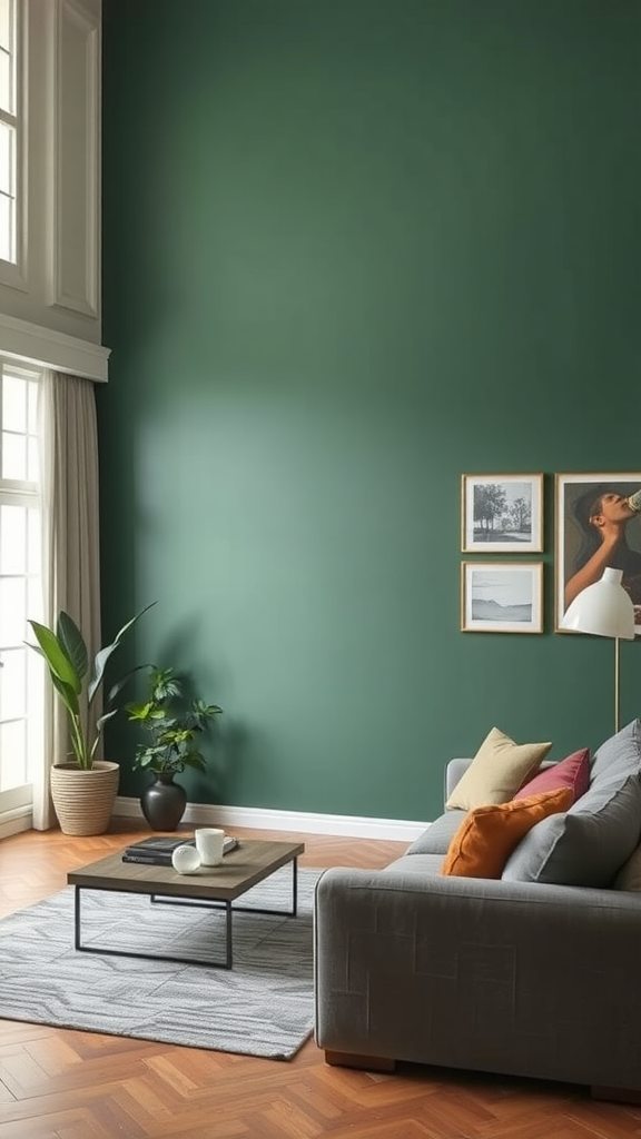 Cozy eclectic living room with a bold green statement wall, a grey sofa, and a wooden coffee table.