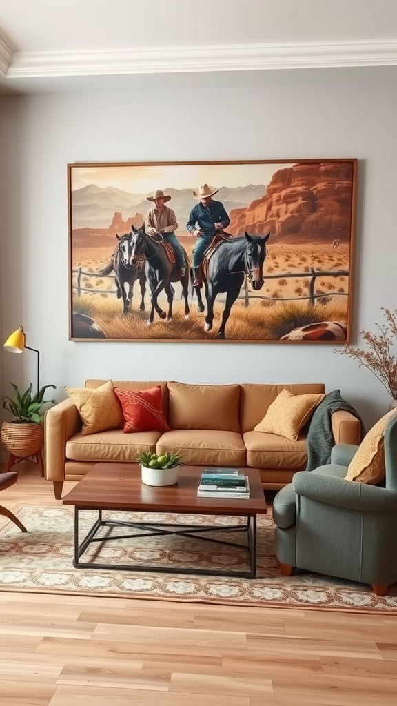 Ranch-style living room with a statement wall featuring western art.