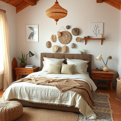 Cozy bedroom featuring a stone accent wall, soft bedding, and earthy decor.