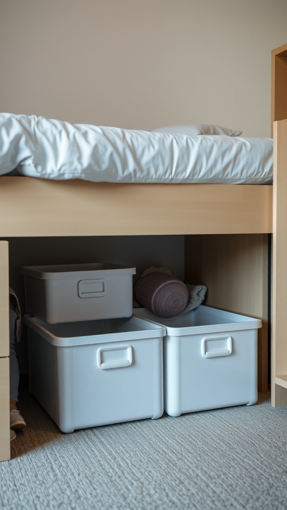 Under-bed storage bins in a minimalist dorm room