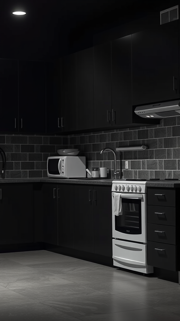 A dark kitchen featuring black cabinetry, a white stove, and various appliances arranged neatly.