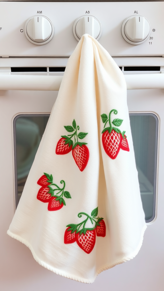 Strawberry embroidered kitchen towel hanging on an oven