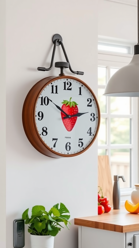 Strawberry-inspired wall clock in a kitchen setting with fresh strawberries and oranges.