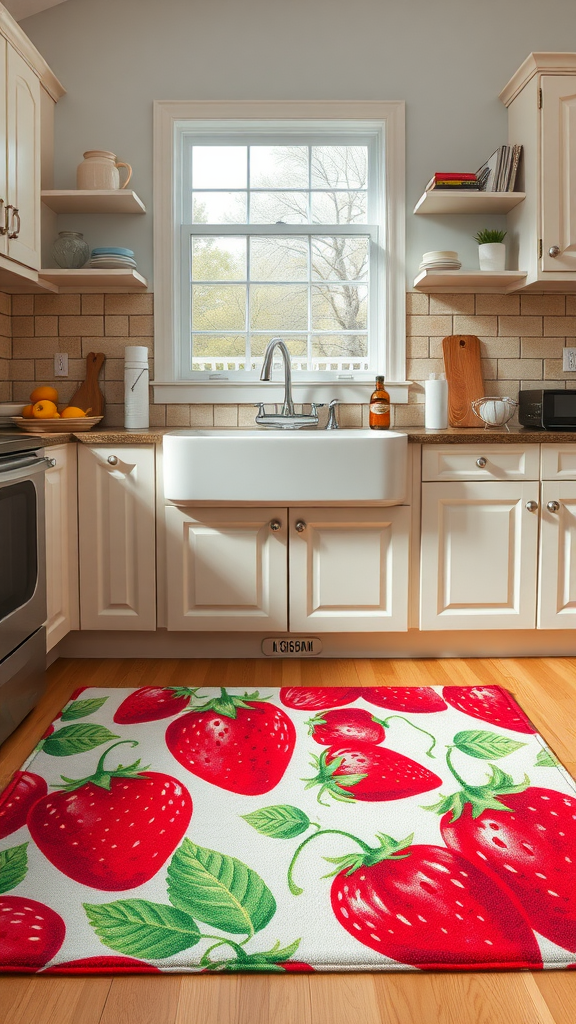 A vibrant kitchen with a strawberry-patterned rug on the floor.