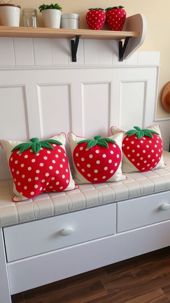 Three strawberry-shaped decorative pillows with polka dots on a bench in a kitchen.